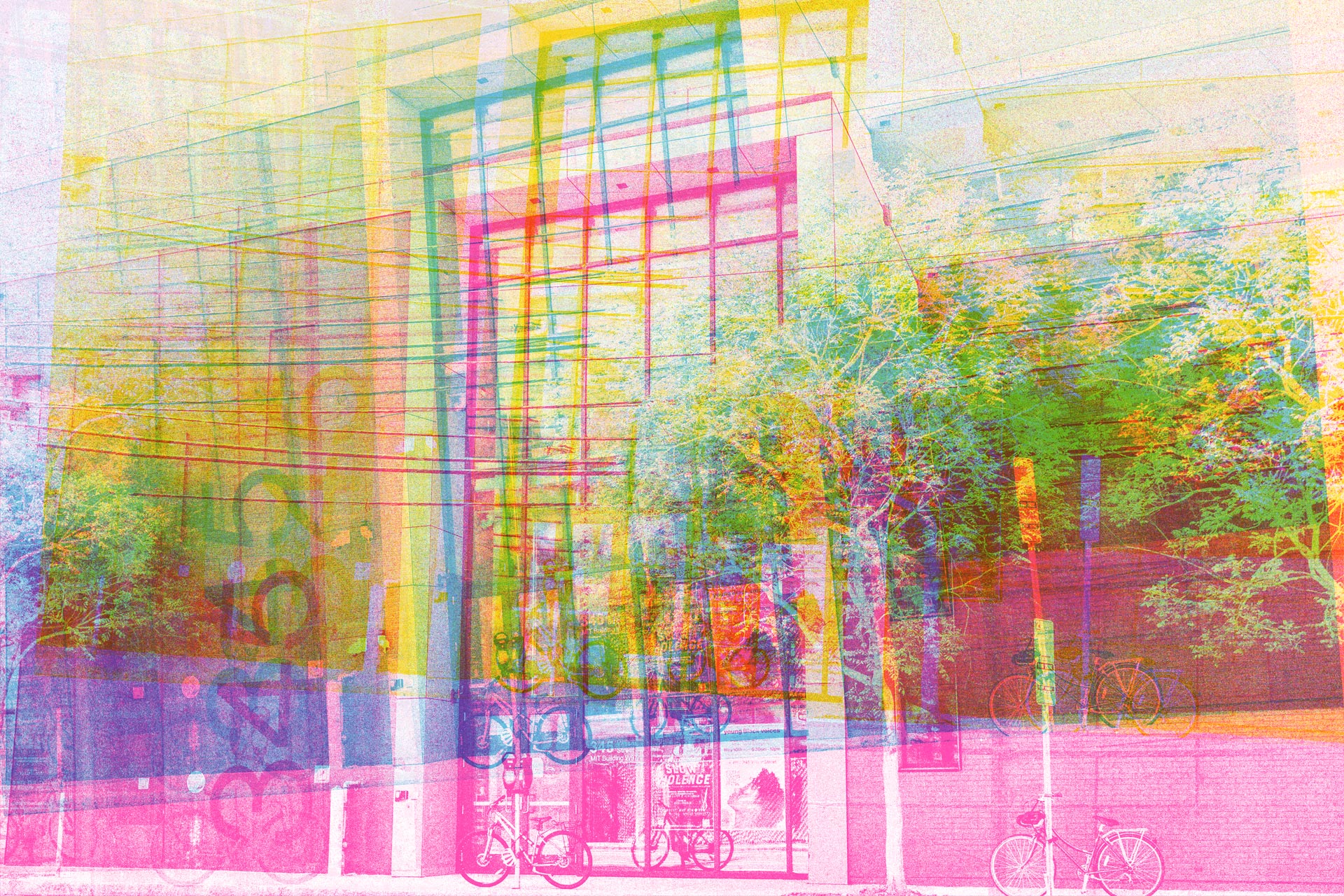 Risograph-style artwork of Building W97 at MIT.