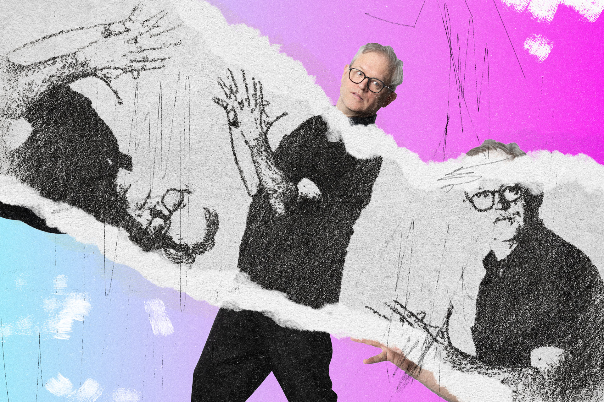 Drawings of photographs of Jay Scheib.